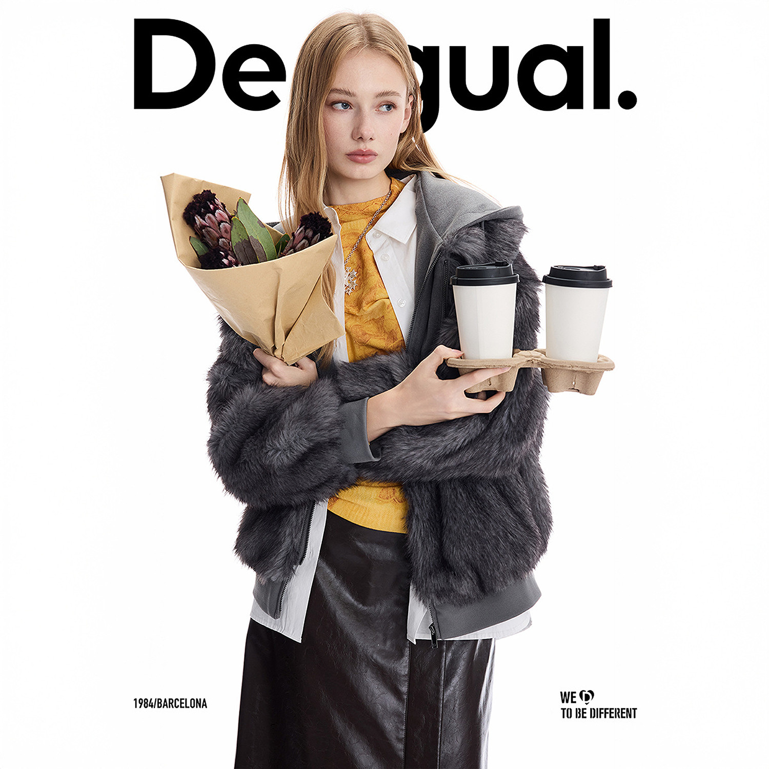 Desigual25秋冬新品仿皮草假两件拼接连帽卫衣灰色女士外套