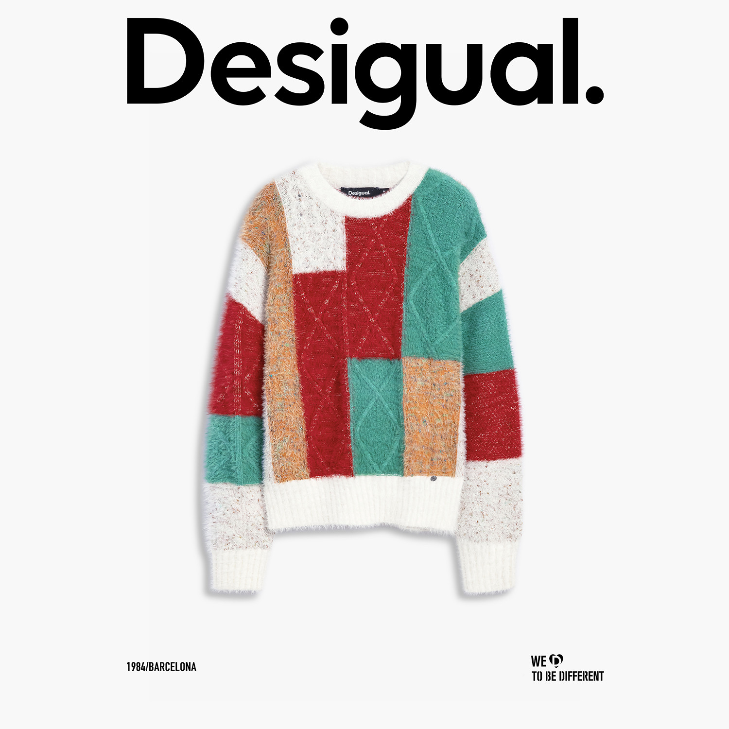 Desigual25秋冬新品多色仿貂彩纱绞花圆领长袖女式针织衫