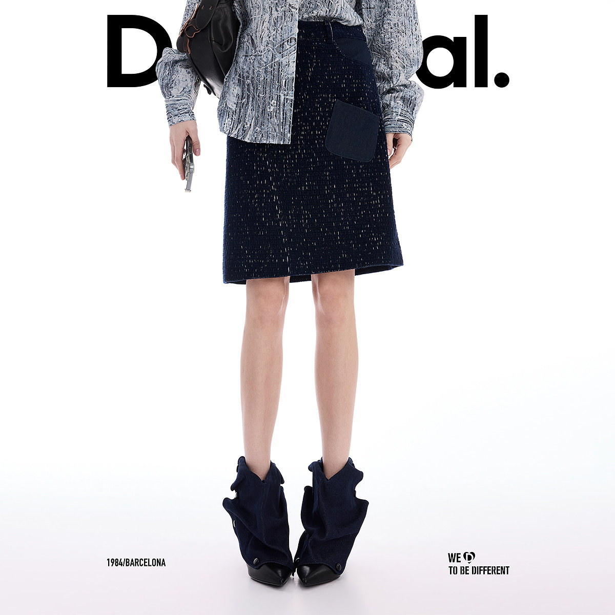 Desigual26春夏新品灯芯绒拼牛仔贴袋A字型短款女式半身裙,淘宝优惠券,粉丝福利购,淘宝优惠卷