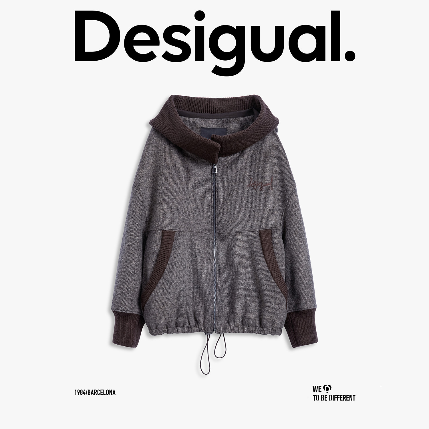 Desigual25秋冬新品廓形宽松斜纹毛呢连帽长袖女士外套