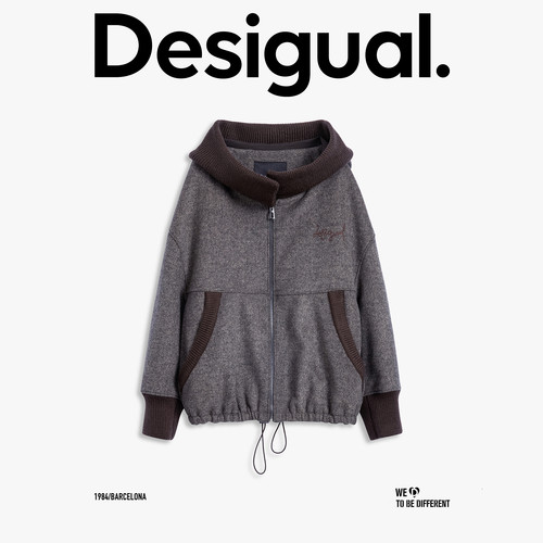 Desigual【博主同款】廓形宽松斜纹毛呢连帽长袖女士外套 - 图3
