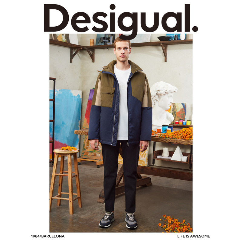 Desigual【西班牙时尚品牌】不对称解构撞色拼接印花男式羽绒服-图2