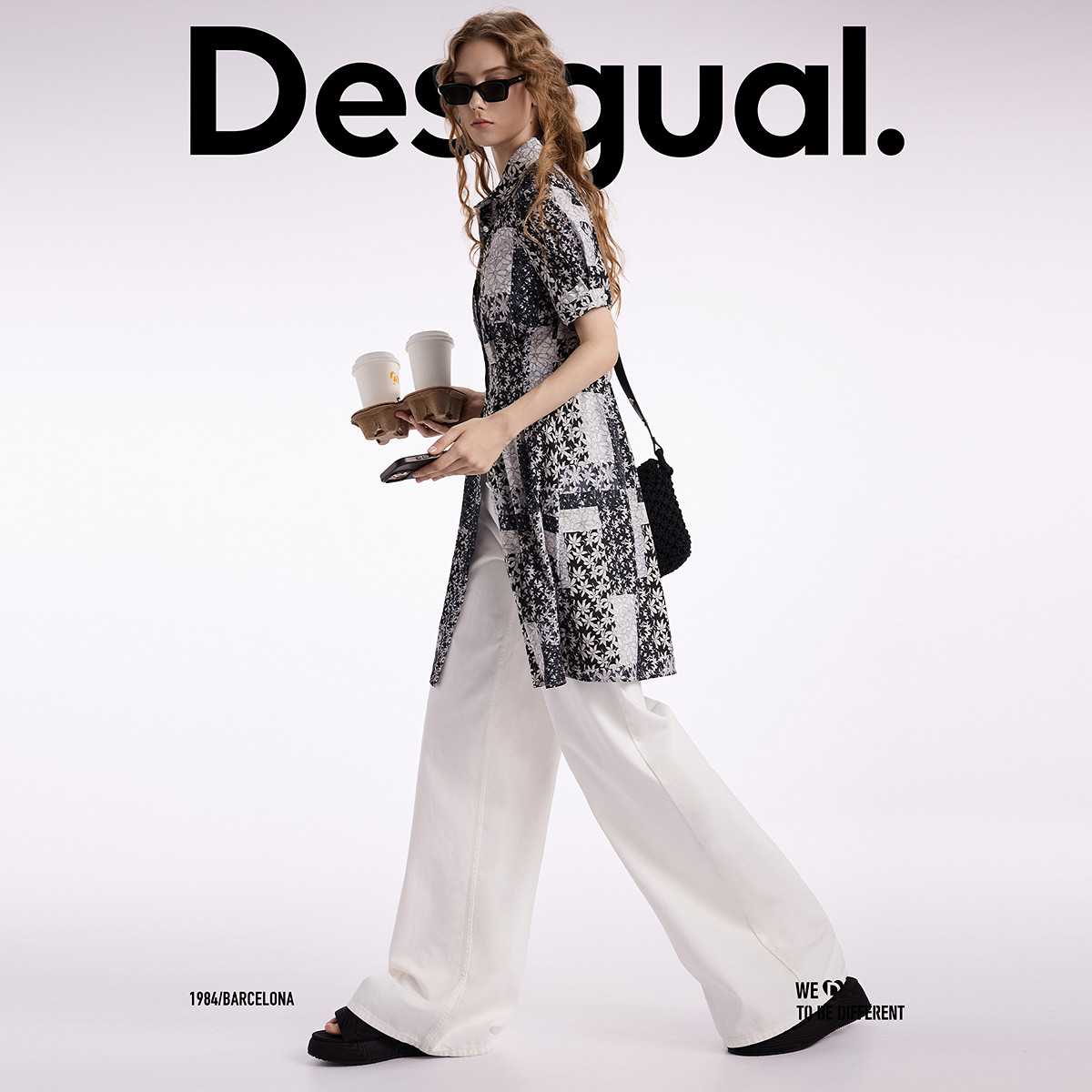 Desigual印花收腰翻领短袖衬衫连衣裙