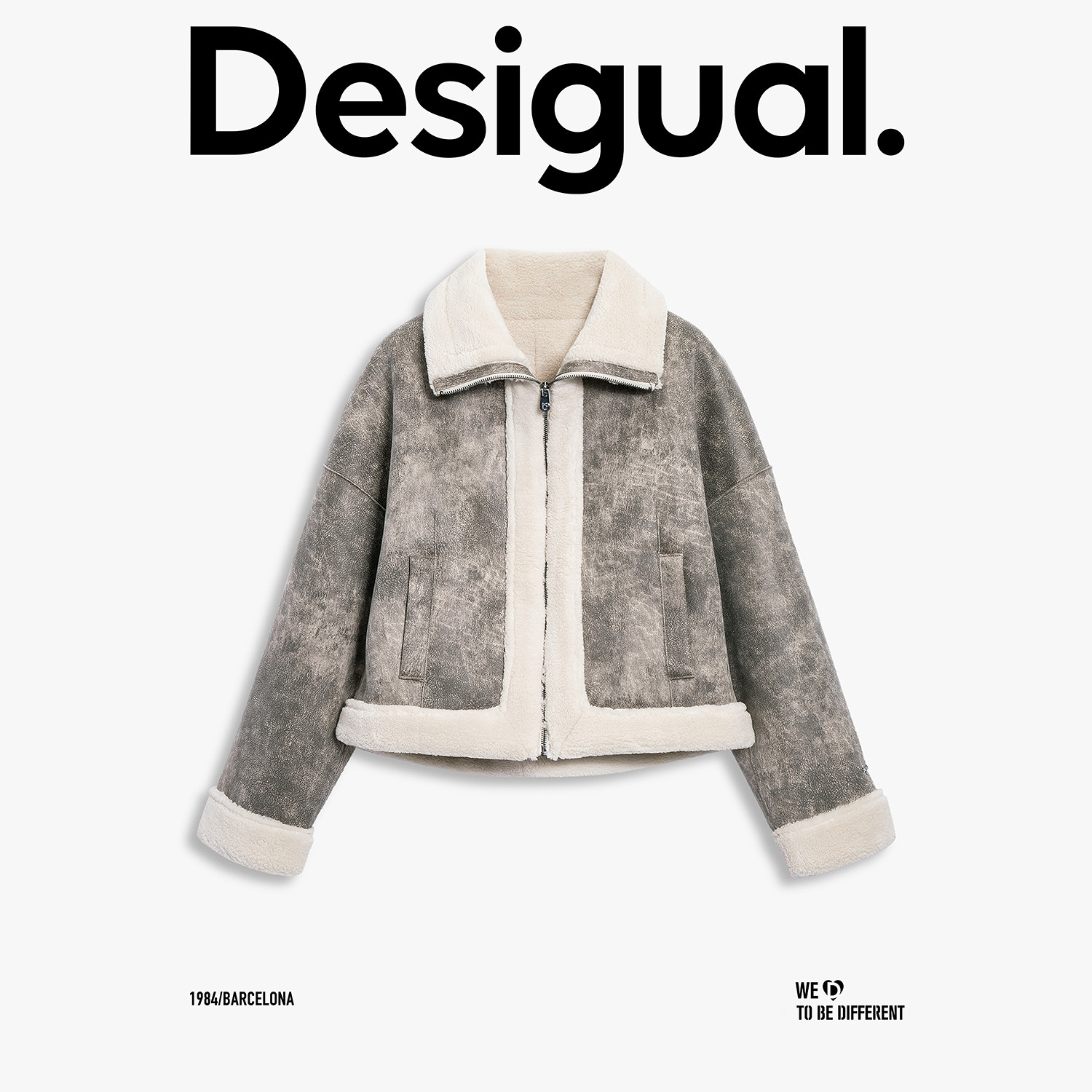 Desigual25秋冬新品廓形斑驳皮毛一体翻领女士外套