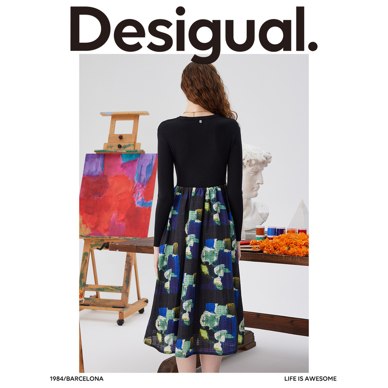 Desigual【西班牙时尚品牌】时尚拼接印花收腰连衣裙-图1