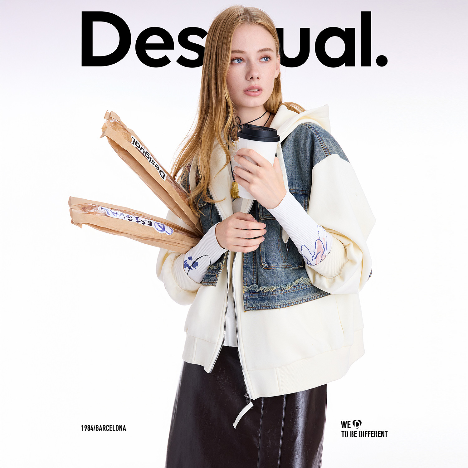 Desigual25秋冬新品牛仔马甲拼接连帽开衫廓形女士外套
