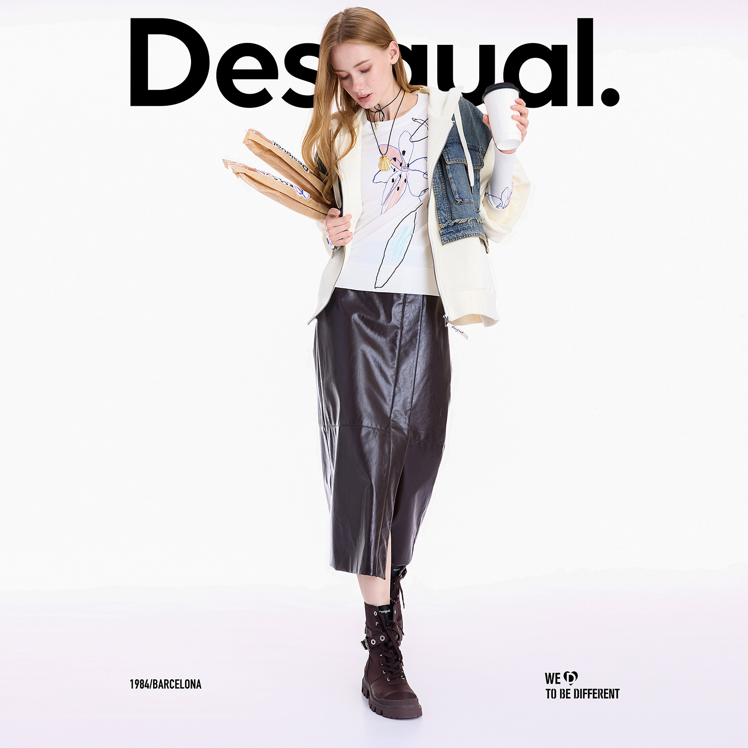 Desigual25秋冬新品牛仔马甲拼接连帽开衫廓形女士外套