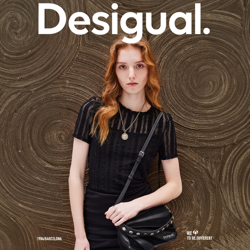 Desigual24春夏新款网眼褶皱条纹圆领女式T恤短袖夏季轻薄上衣女 - 图1