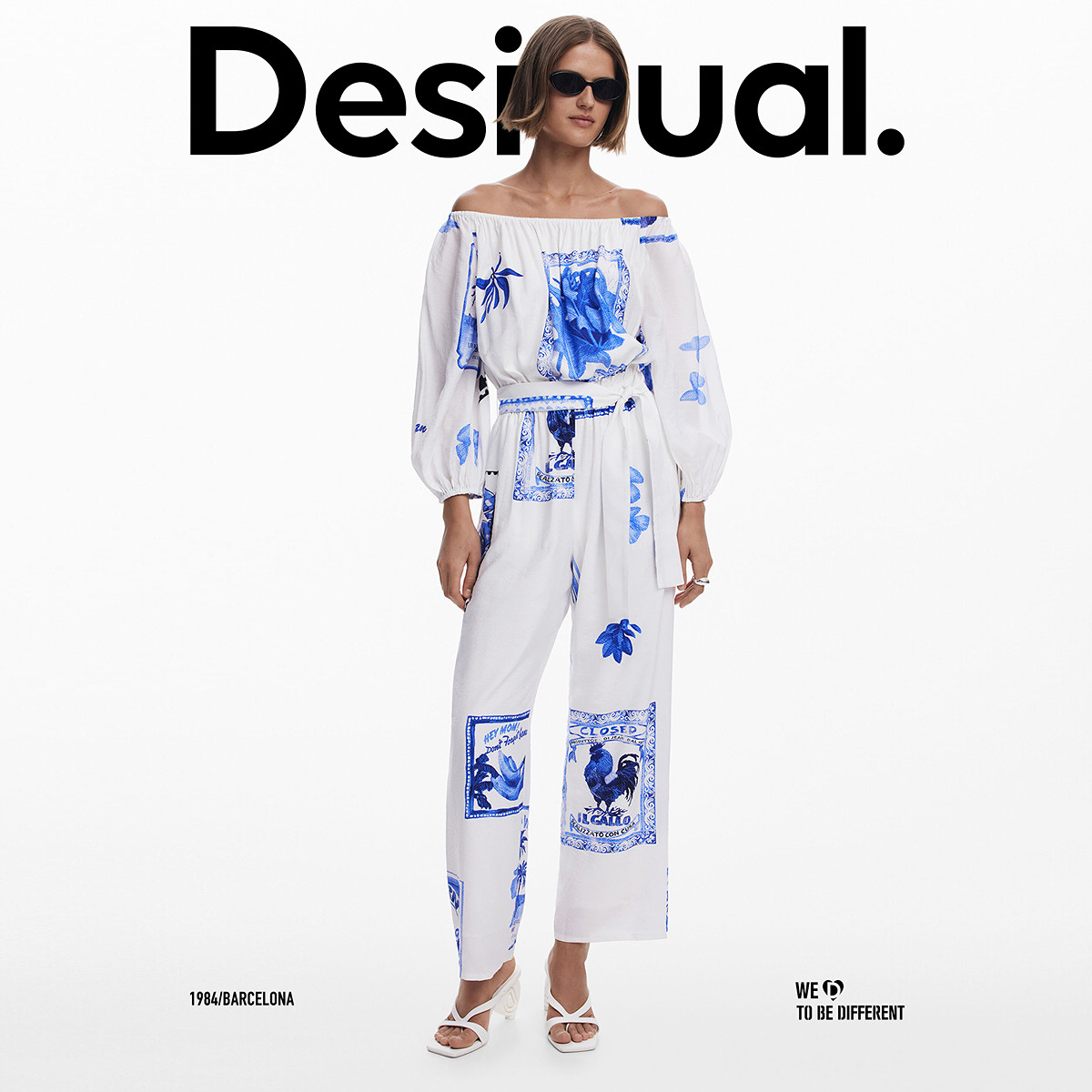 Desigual手绘印花一字肩腰带收腰连体裤,淘宝优惠券,粉丝福利购,淘宝优惠卷