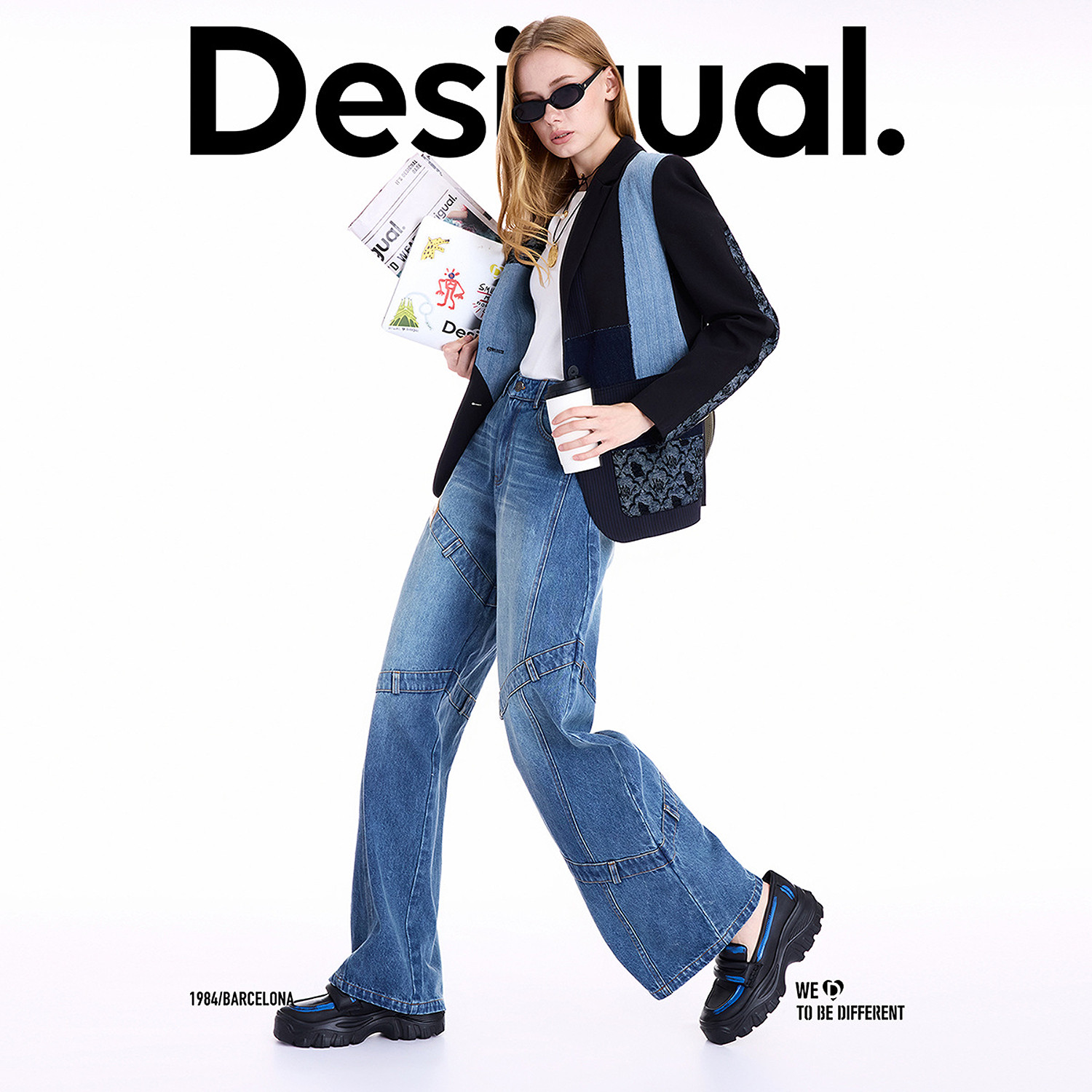 Desigual25秋冬新品牛仔提花拼接翻领西装女士外套