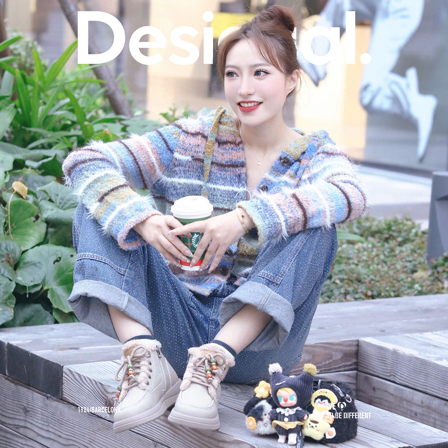 Desigual25秋冬新品针织段染纱蓝白条纹设计连帽开衫女士针织衫,淘宝优惠券,粉丝福利购,淘宝优惠卷