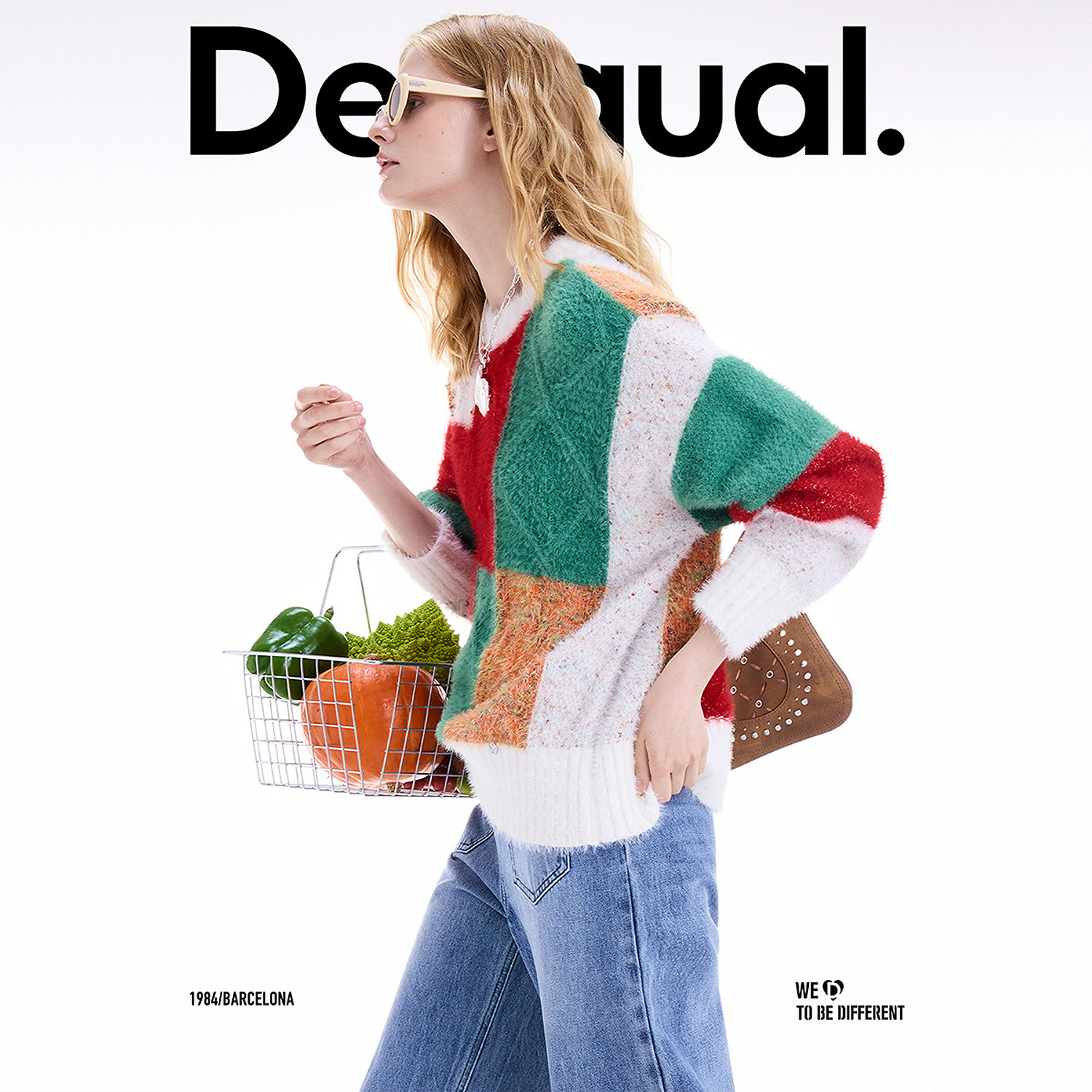 Desigual25秋冬新品多色仿貂彩纱绞花圆领长袖女式针织衫