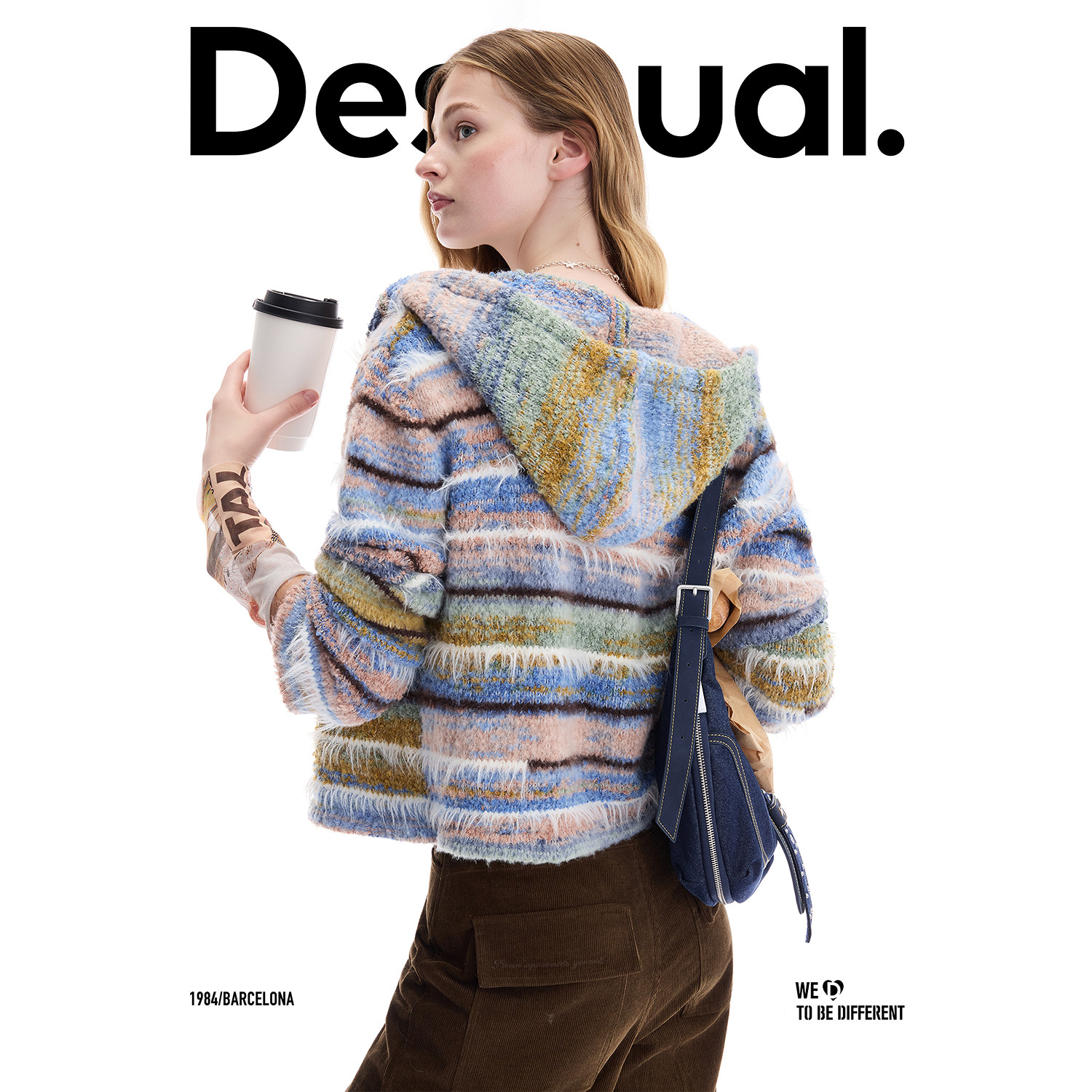Desigual25秋冬新品针织段染纱蓝白条纹设计连帽开衫女士针织衫,淘宝优惠券,粉丝福利购,淘宝优惠卷