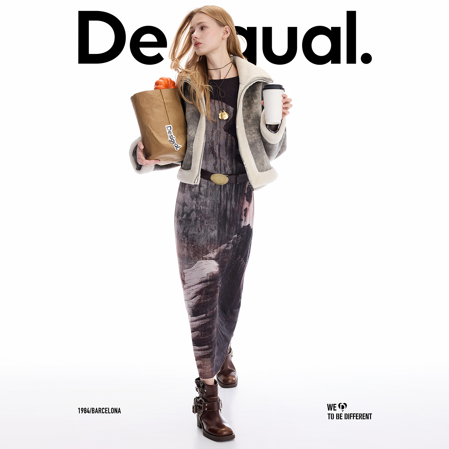 Desigual25秋冬新品廓形斑驳皮毛一体翻领女士外套