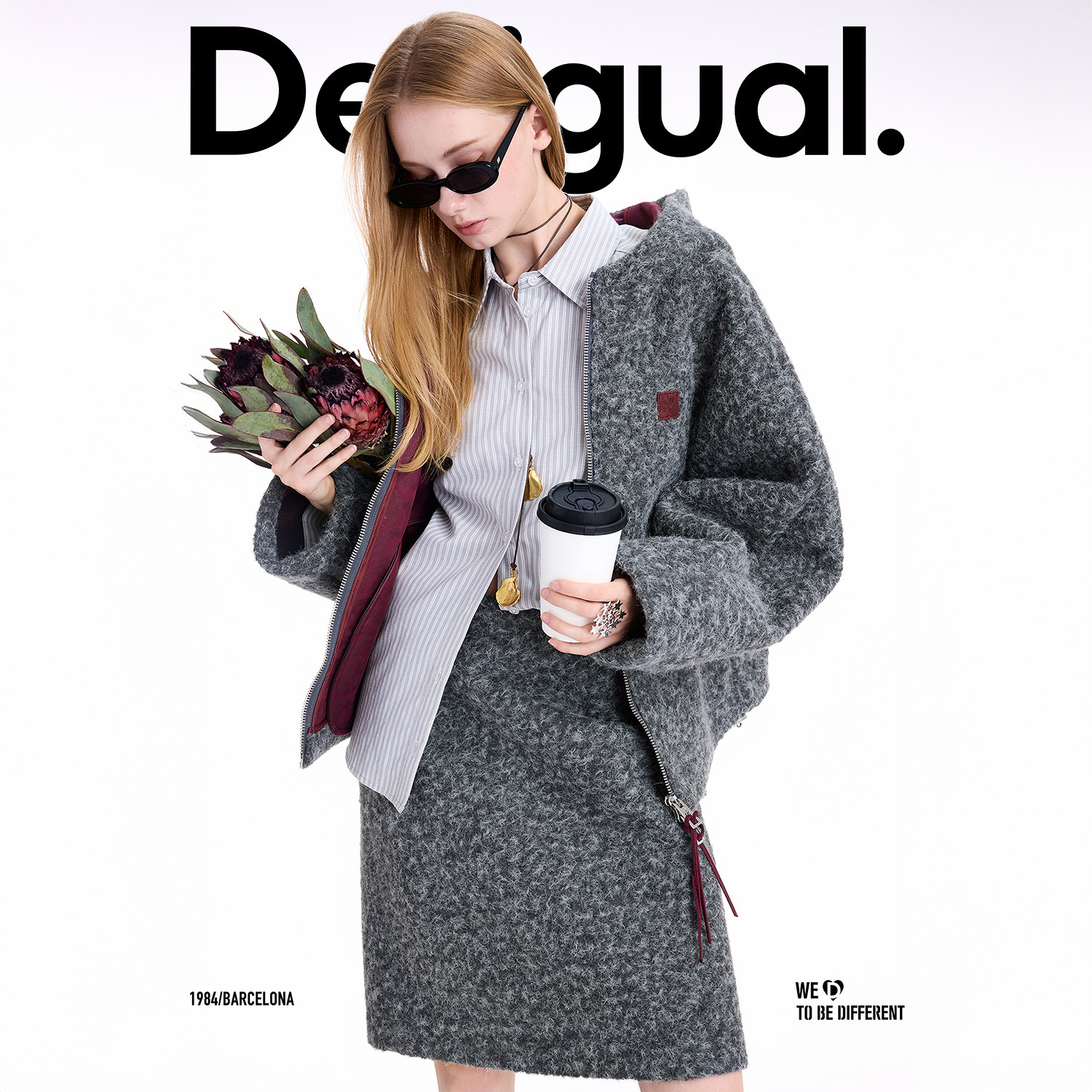 Desigual【博主同款】25秋冬新品廓形撞色连帽灰色圈圈毛女士外套