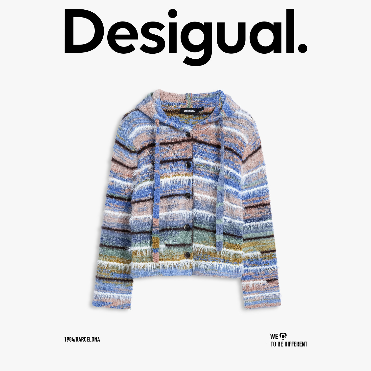 Desigual25秋冬新品针织段染纱蓝白条纹设计连帽开衫女士针织衫,淘宝优惠券,粉丝福利购,淘宝优惠卷