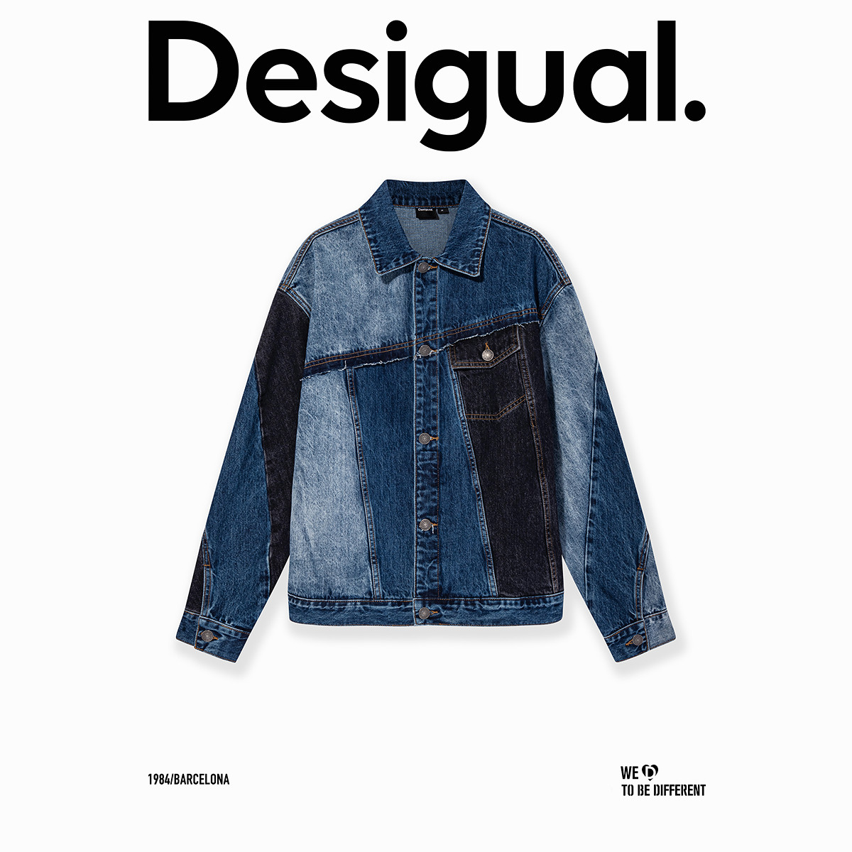 Desigual牛仔撞色水洗拼接解构前口袋设计夹克女士外套