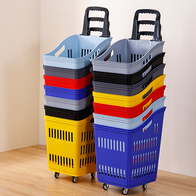 超市购物篮拉杆带轮推车篮子塑料拖篮买菜购物筐加厚大号购物车 - 图0