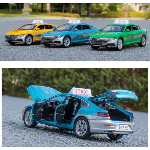大众绿色出租车玩具仿真合金蓝色的士汽车模型男孩六开门玩具车 - 图2