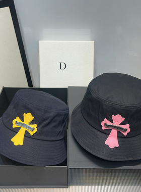 美式十字架皮标大檐渔夫帽夏季防紫外线盆帽男女素颜防晒水桶帽子