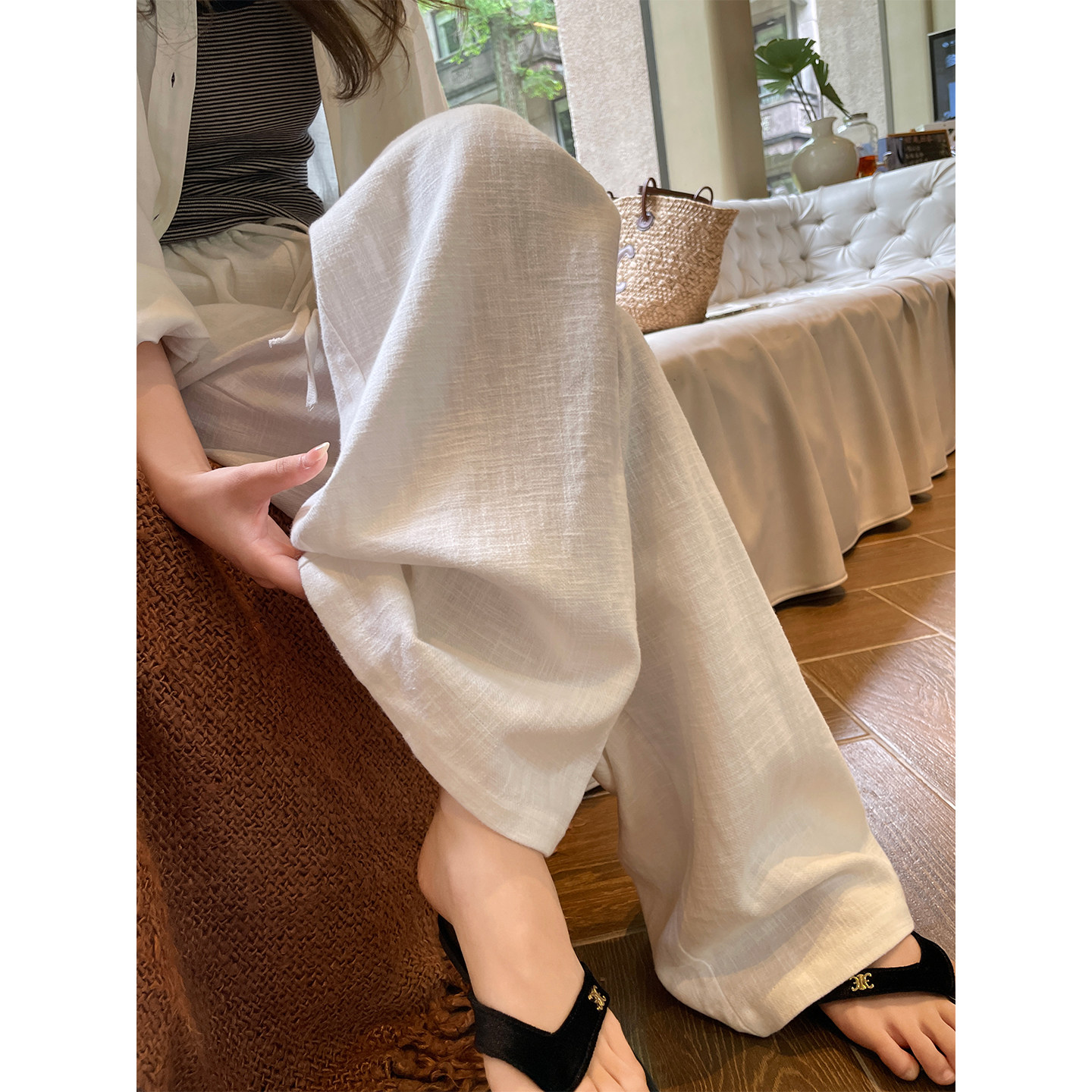 白色苎麻裤女夏季薄款阔腿裤松紧腰抽绳休闲棉麻老钱风水洗亚麻裤,淘宝优惠券,粉丝福利购,淘宝优惠卷