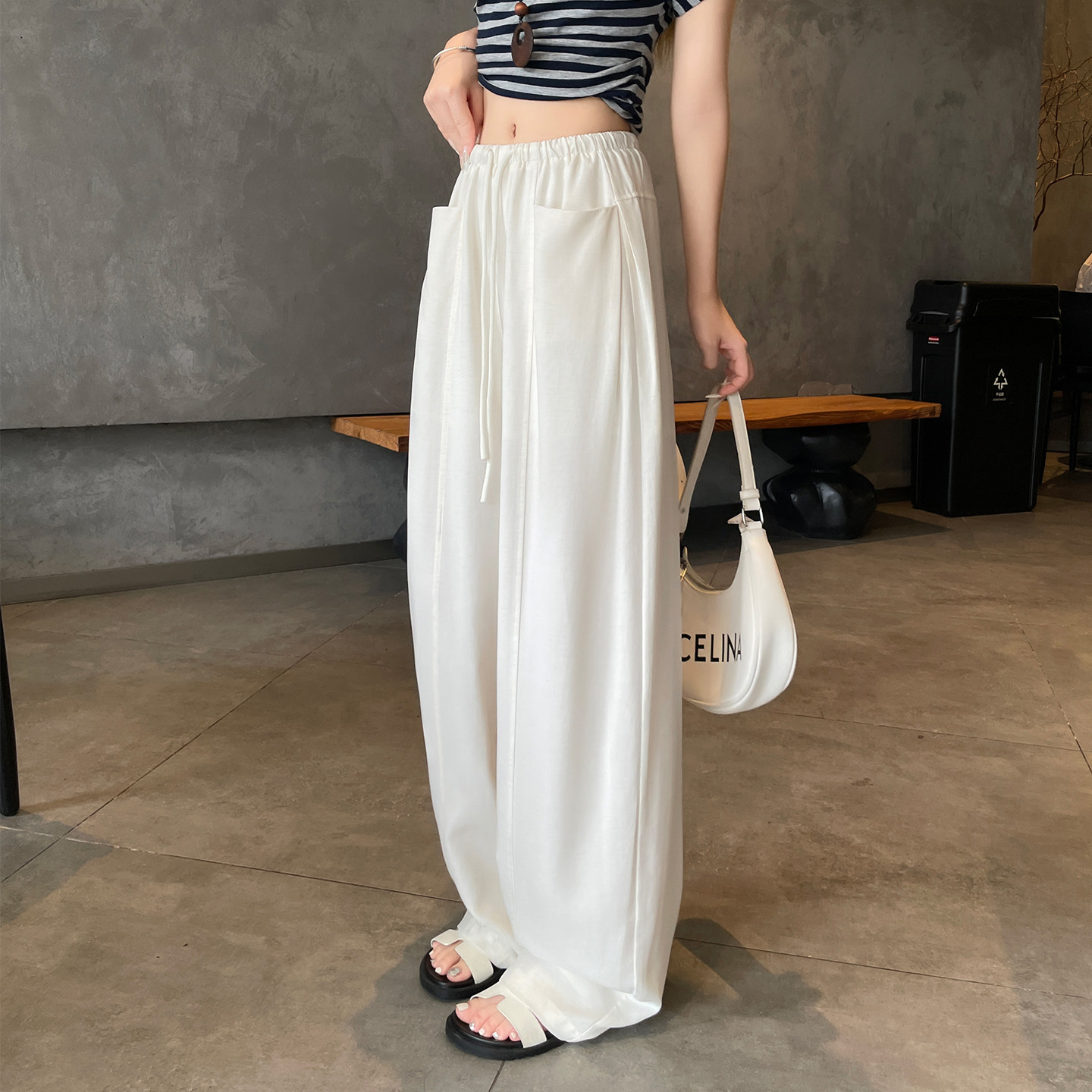 白色弯刀裤女夏凉感薄款天丝亚麻阔腿裤小个子慵懒老钱风棉麻裤子,淘宝优惠券,粉丝福利购,淘宝优惠卷