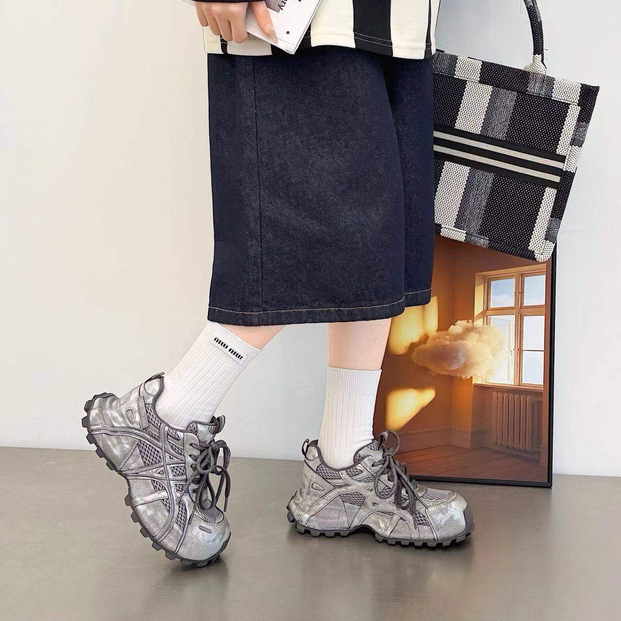 c女鞋单鞋26新款厚底休闲鞋老爹鞋皮网结合时尚透气百搭舒适潮鞋,淘宝优惠券,粉丝福利购,淘宝优惠卷