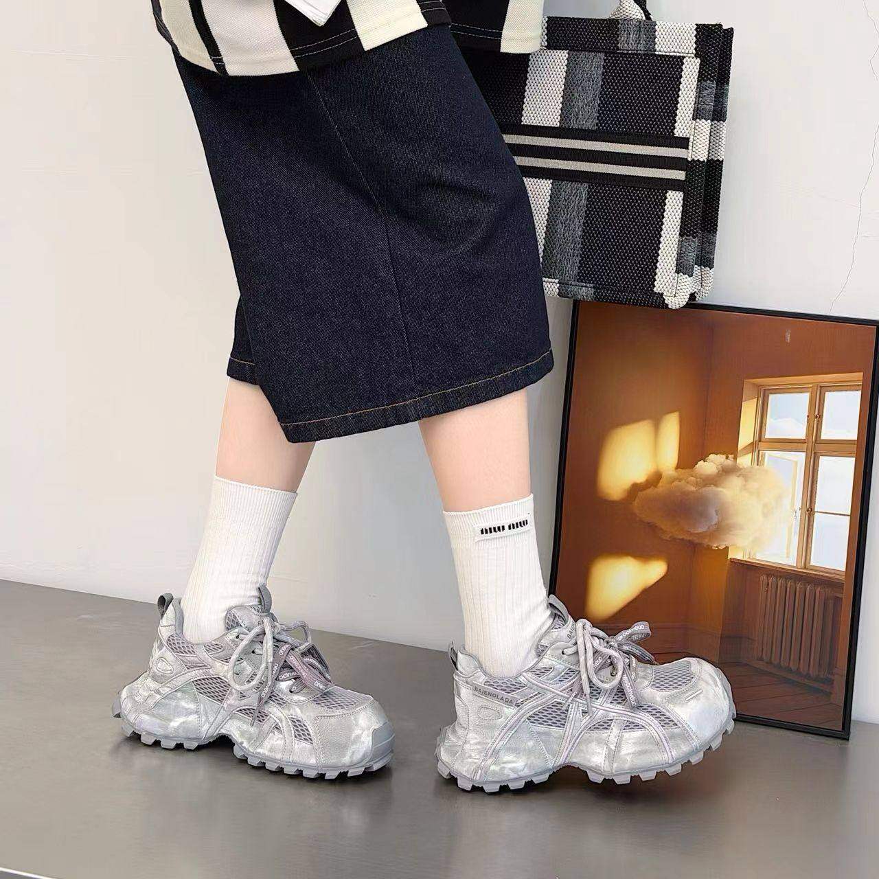 c女鞋单鞋26新款厚底休闲鞋老爹鞋皮网结合时尚透气百搭舒适潮鞋,淘宝优惠券,粉丝福利购,淘宝优惠卷