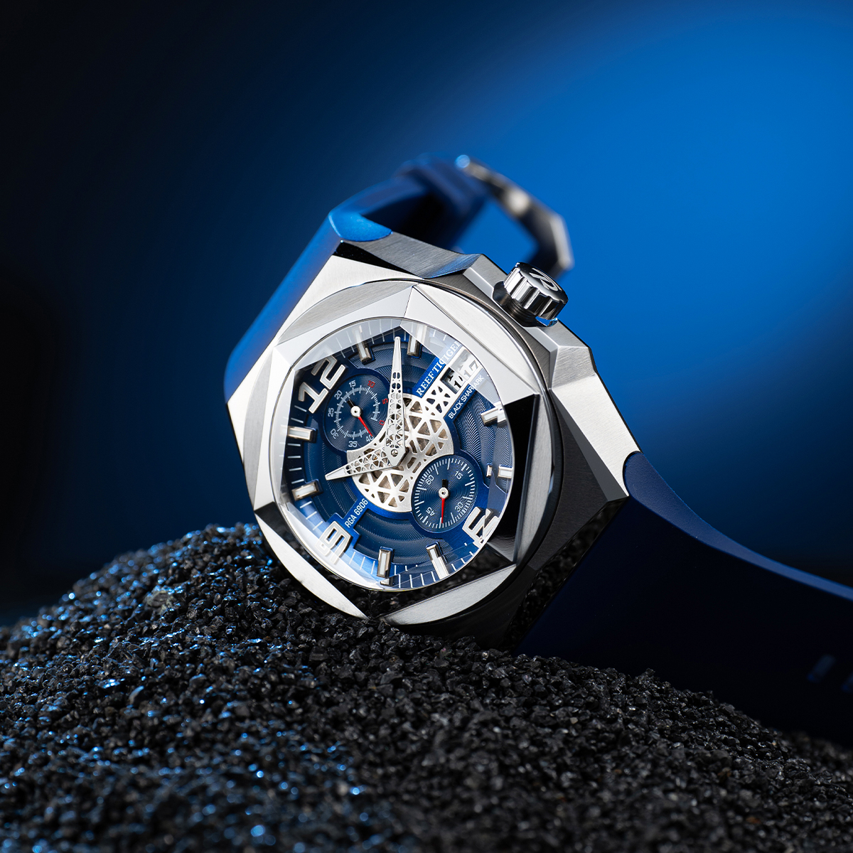 联名瑞夫泰格黑鲨系列机械表动能储存功能小秒大表盘机械表橡胶带 - 图1