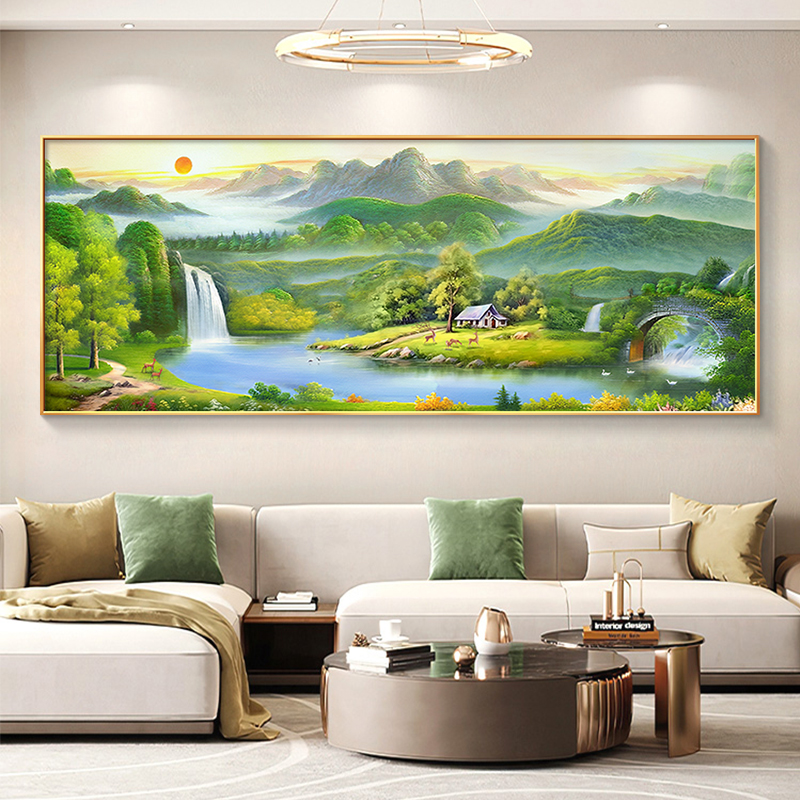 聚宝盆山水画客厅装饰画高级感壁画招财油画西墙沙发背景风景挂画
