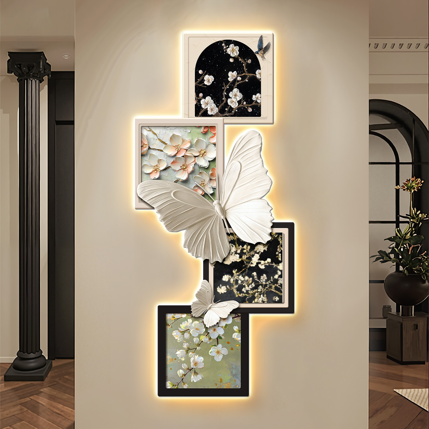 法式中古风入户玄关装饰画蝴蝶花卉挂画客厅壁灯走廊正对门壁画 - 图1