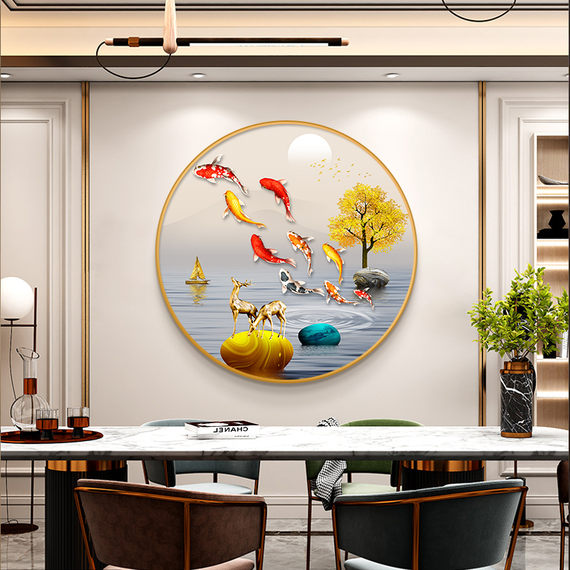 九鱼图玄关装饰画2025新款高端轻奢高级入户挂画客厅餐厅圆形壁画