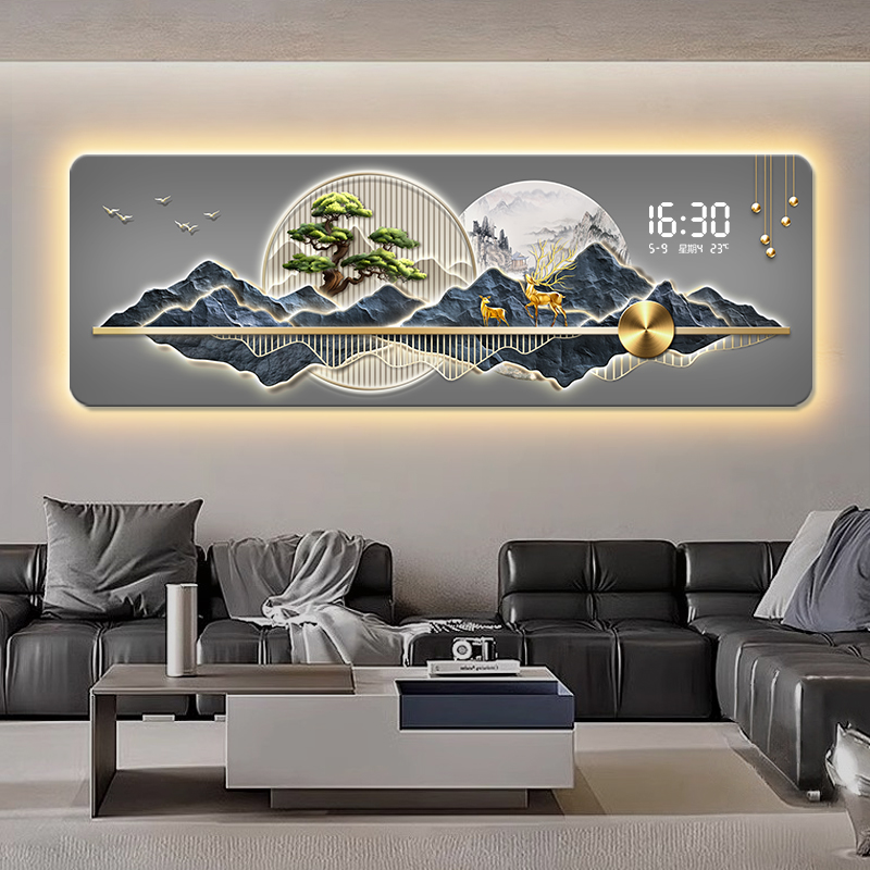 背有靠山客厅装饰画电子时钟轻奢高级感沙发背景墙挂画迎客松壁画