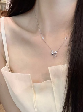 闪钻蝴蝶结项链女纯银轻奢小众设计精致锁骨链首饰生日礼物送女友
