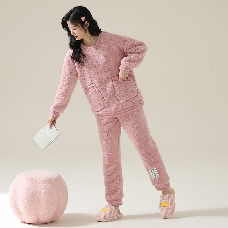 法兰绒睡衣女秋冬季加厚加绒家居服女士保暖休闲简约宽松套装 - 图1
