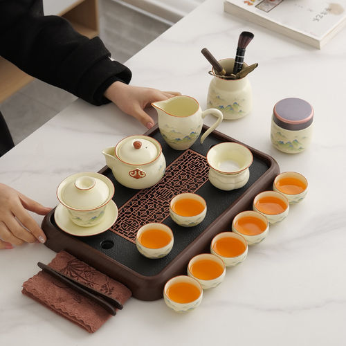2026新款功夫茶具整套高档轻奢喝茶家用陶瓷悬停盖碗茶壶茶杯套装 - 图0