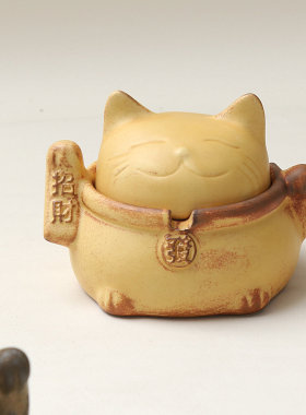 招财猫粗陶带盖防飞灰烟灰缸