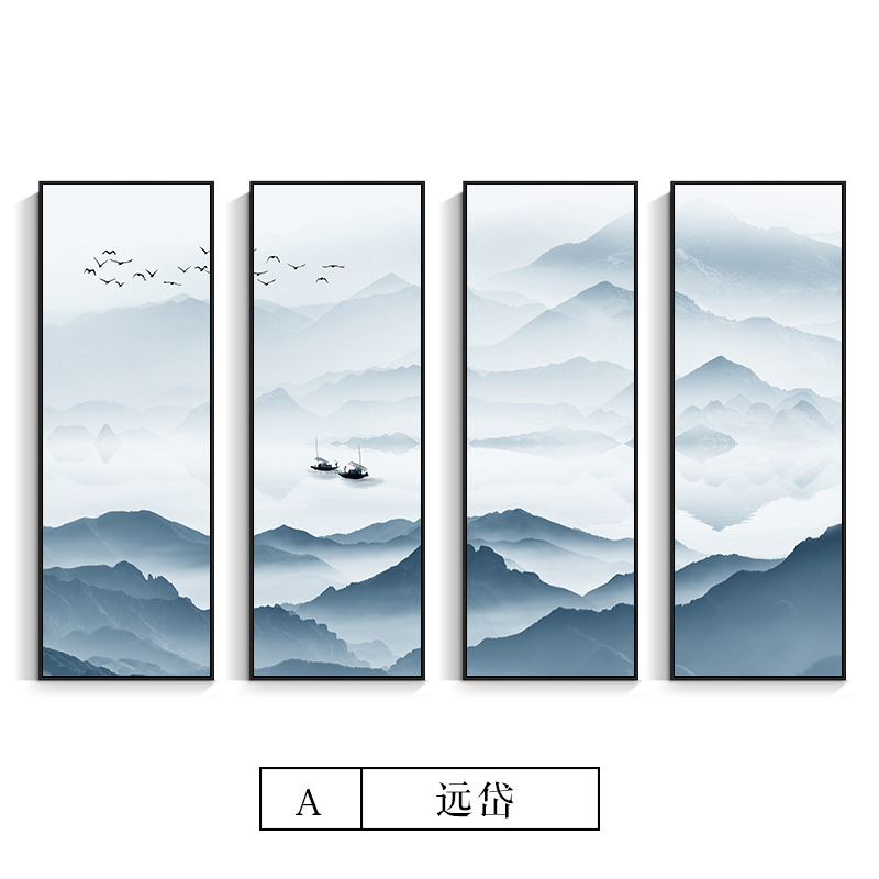 新中式茶室禅意山水风景装饰画客厅沙发背景墙水墨组合四连壁画 - 图3