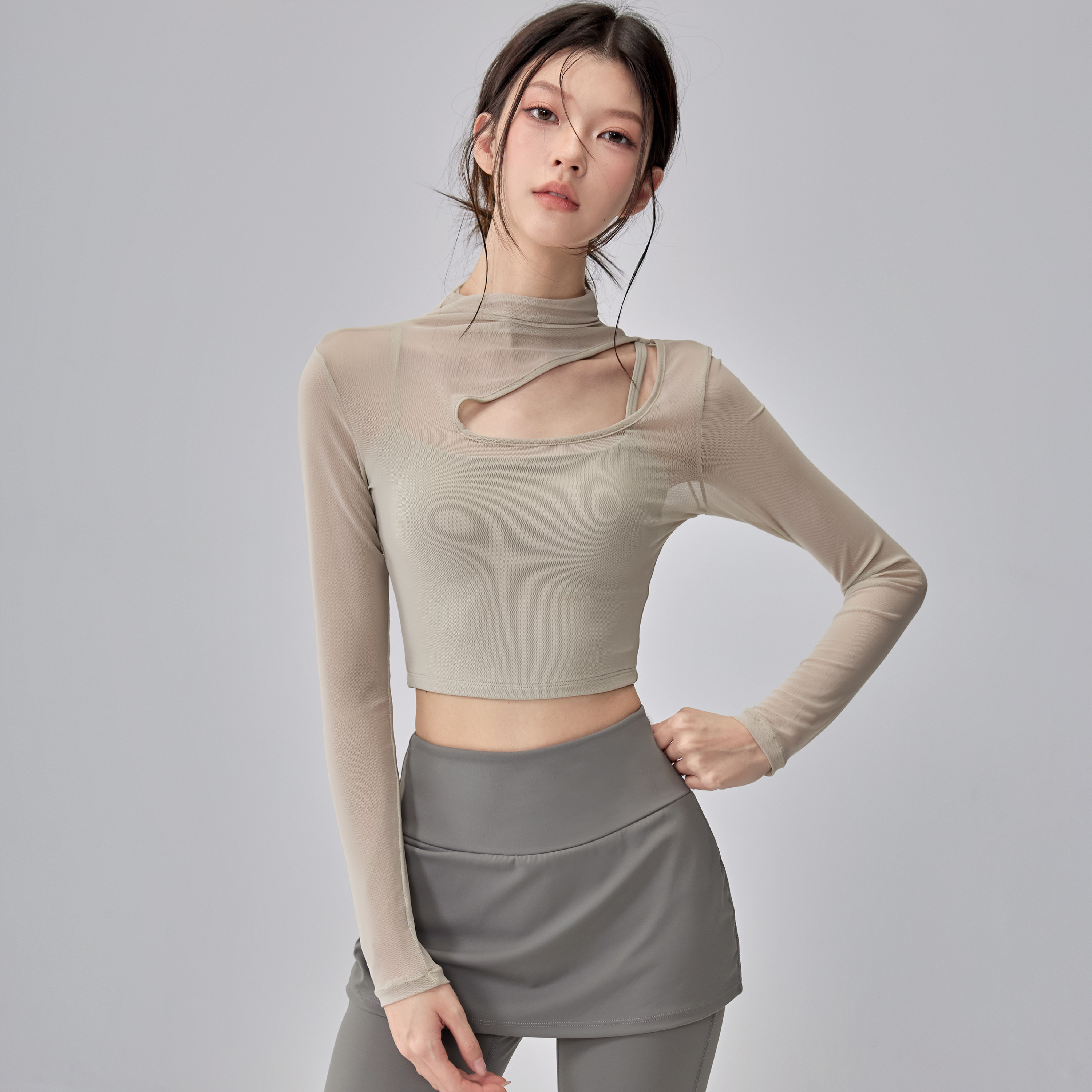 瑜伽服上衣女带胸垫镂空网纱健身长袖2025新款普拉提训练运动套装,淘宝优惠券,粉丝福利购,淘宝优惠卷