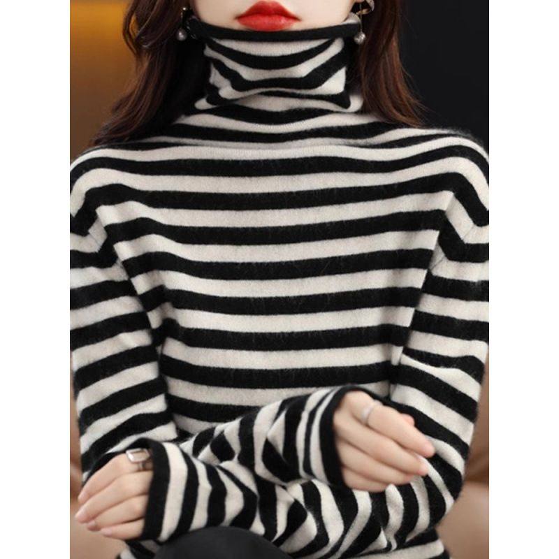 堆堆领条纹针织衫女秋冬新款高级感洋气内搭打底毛衣加厚高领上衣,淘宝优惠券,粉丝福利购,淘宝优惠卷