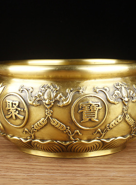 黄铜聚宝盆摆件实心全铜聚宝盆家居装饰品五福铜盆摆设开业礼品