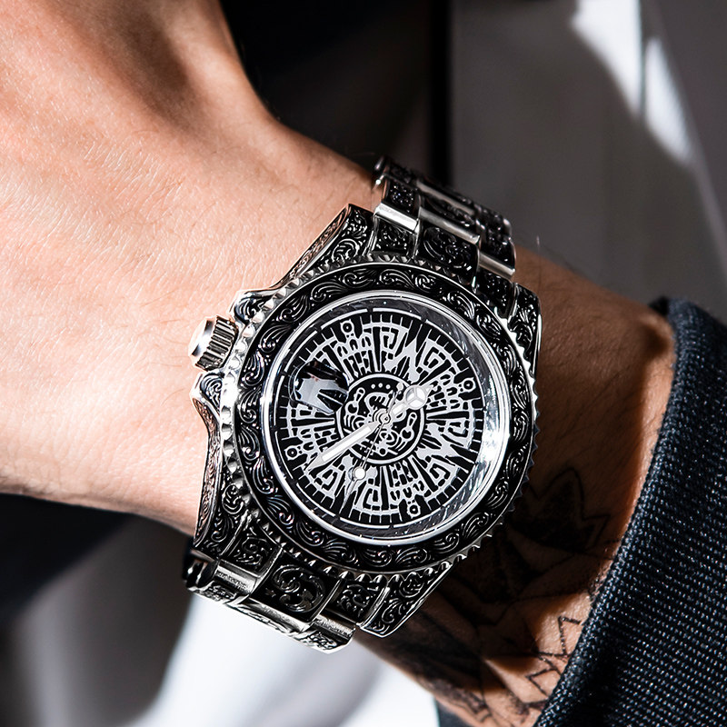 vrq欧美黑鬼男钢带精钢雕刻机械表 vrq国产腕表