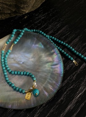 绿松螺纹球18K金暴富方牌豆豆细长管绿松baby珠抽拉项链珍珠3-4mm