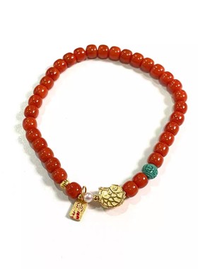 安伯曼绿松回纹珠珐琅纳福牌年年有鱼瓦西南红老形珠手串4-5mm