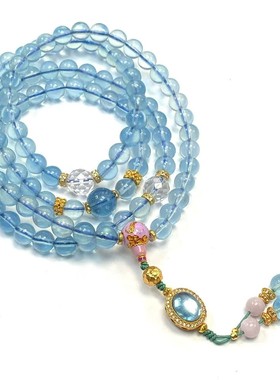 安伯曼珐琅葫芦白水晶起光海蓝宝蛋面设计款海蓝宝多圈手串6-7mm