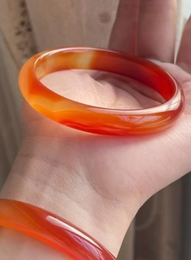 珍玉 天然红玛瑙手镯民族风红色手镯扁条饰品