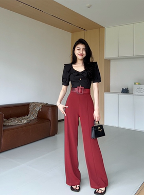 张阿星 复古小众做旧方形扣宽版皮质腰带黑红撞色质感皮带配饰