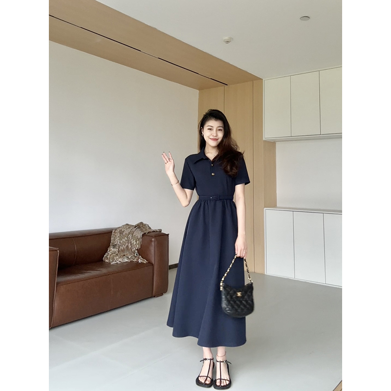 张阿星【藏青色连衣裙】 法式气质A字收腰连衣裙 - 图0