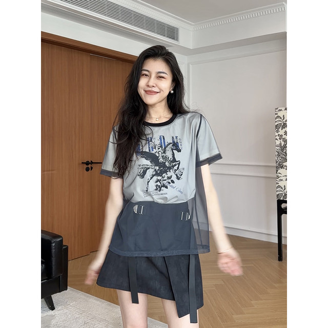 Zhang Axing American street style summer patchwork printed-sleeved + ຊຸດແມ່ຍິງຮ້ອນທີ່ຫລາກຫລາຍເຊັ່ນຊຸດ culottes A-line