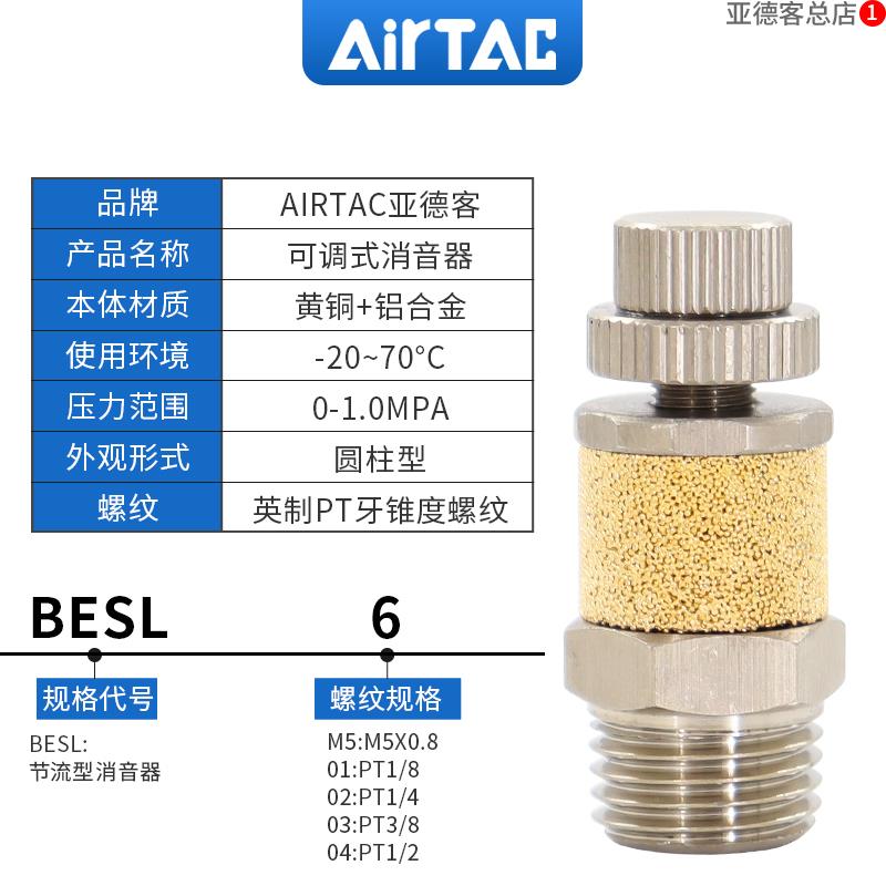 亚德客03铜消声器气动电磁阀BSL全铜平头BESL节流4消音器M5-01-02 - 图0